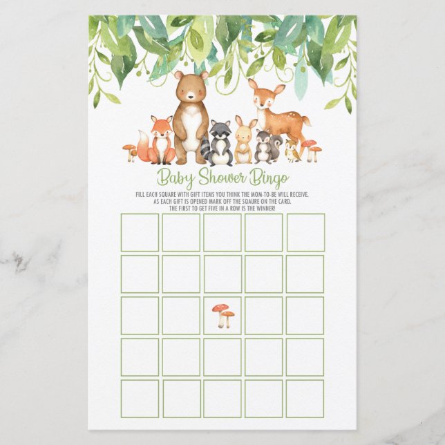 Woodland Animals Baby Shower Bingo Game Activity (Front)