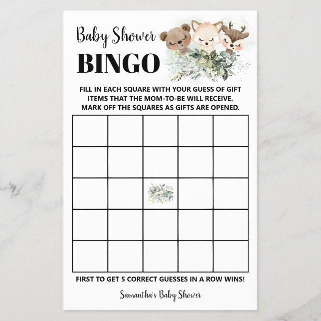 Woodland Animals Baby Shower Bingo Game Card Flyer (Front)