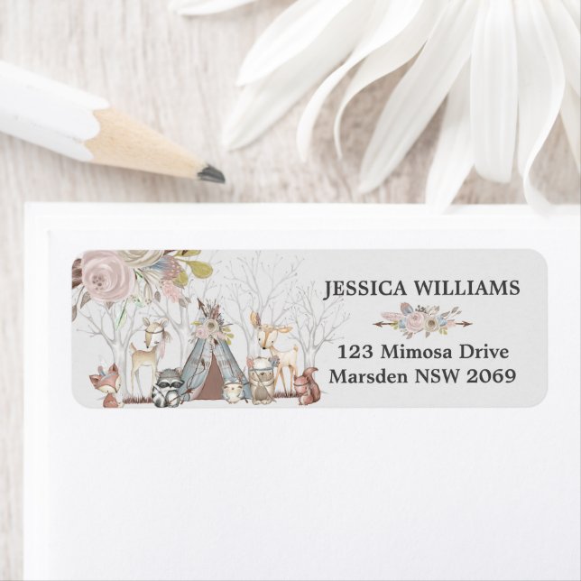 Woodland Animals Baby Shower Birthday Party Floral Label (Insitu)