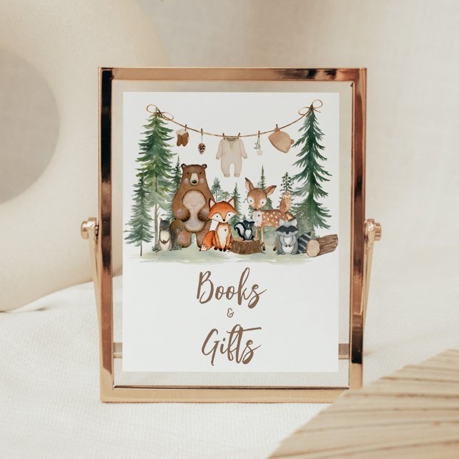 Woodland Animals Baby Shower Books and Gifts Sign (Woodland Animals Adventure Awaits Rustic Baby Shower Sign)