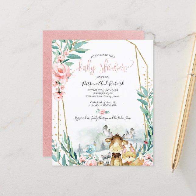 Woodland Animals Baby Shower Budget Invitations (Front/Back In Situ)