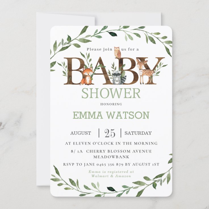 Woodland Animals Baby Shower Chic Greenery Neutral Invitation | Zazzle