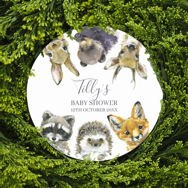 Woodland Animals Baby Shower Classic Round Sticker (Creator Uploaded)