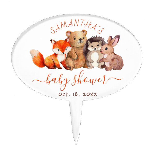 Woodland Animals Baby Shower Cute Watercolor Cake Topper (Front)