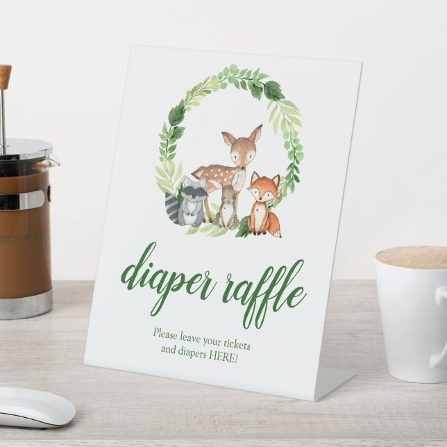 Woodland Animals Baby Shower Diaper Raffle Pedestal Sign (In SItu)