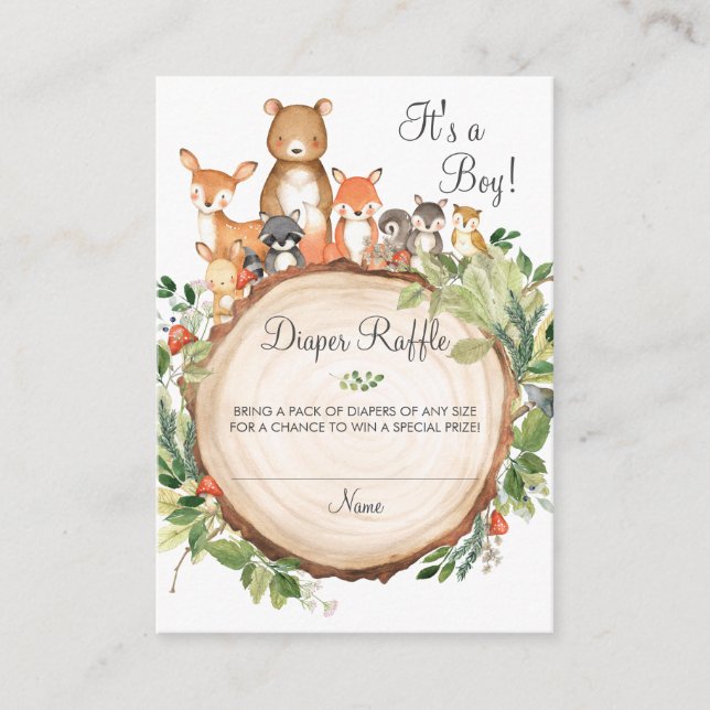 Woodland Animals Baby Shower Diaper Raffle Ticket Enclosure Card (Front)