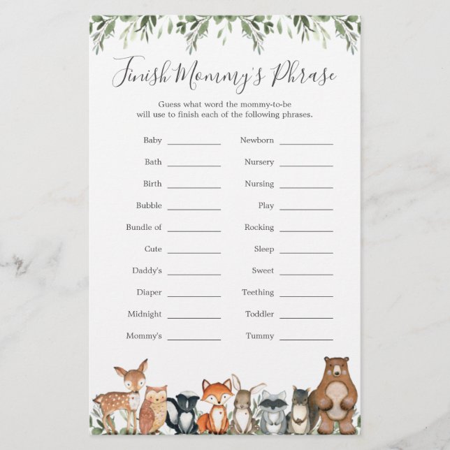 Woodland Animals Baby Shower Finish Mommy's Phrase (Front)