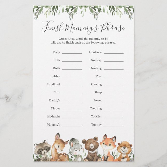 Woodland Animals Baby Shower Finish Mommy's Phrase (Front)