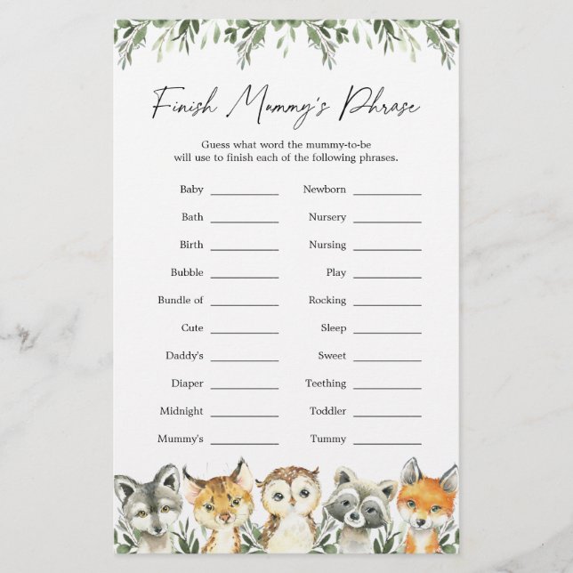 Woodland Animals Baby Shower Finish Mummy's Phrase (Front)