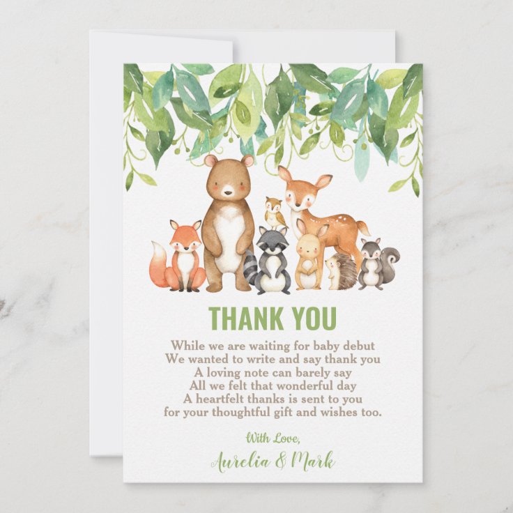 Woodland Animals Baby Shower Forest Boy Neutral Thank You Card | Zazzle