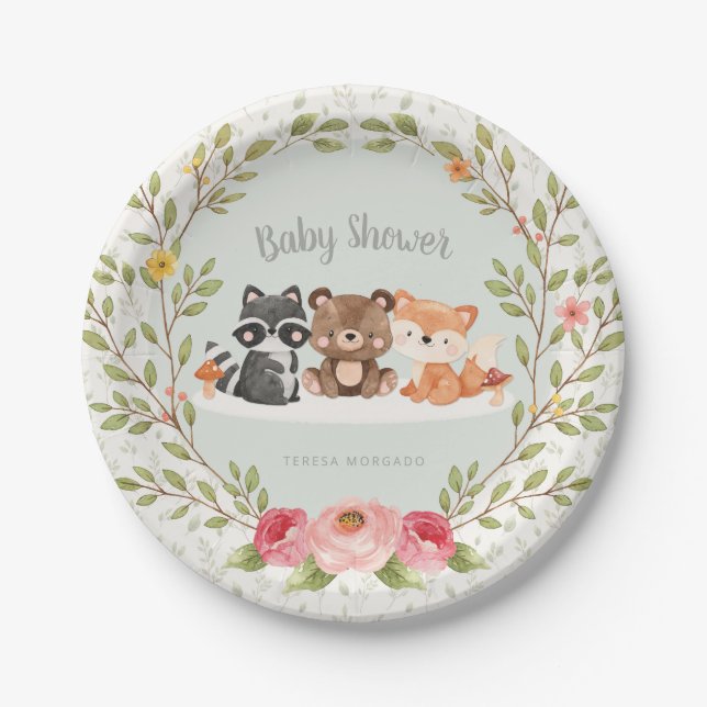 Woodland Animals Baby Shower Forest Creatures Boy Paper Plates (Front)