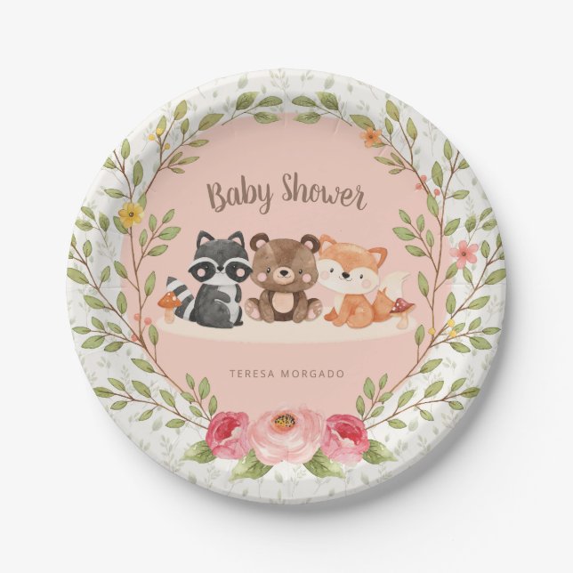 Woodland Animals Baby Shower Forest Creatures Girl Paper Plates (Front)