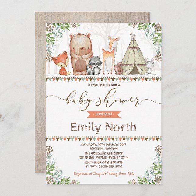 Woodland Animals Baby Shower Forest Friends Invitation (Front/Back)