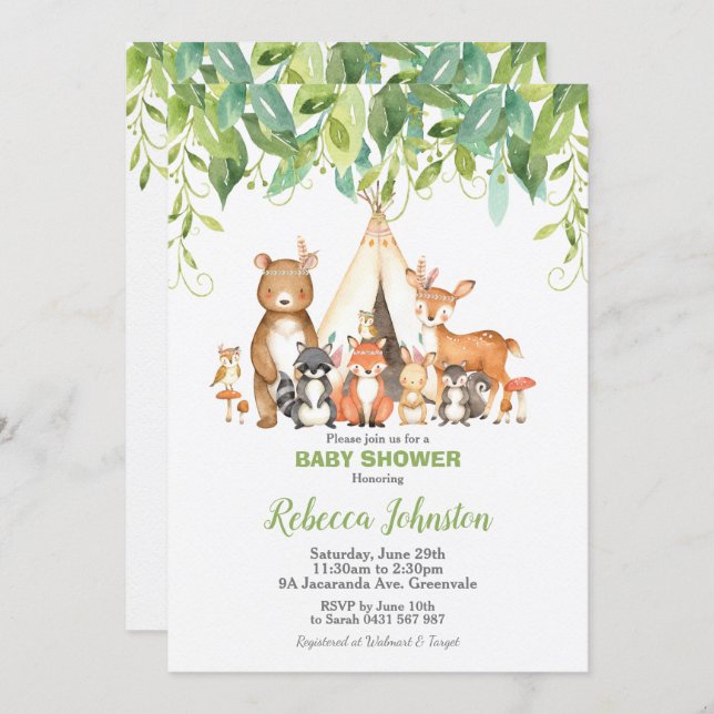 Woodland Animals Baby Shower Forest Greenery Boy Invitation (Front/Back)