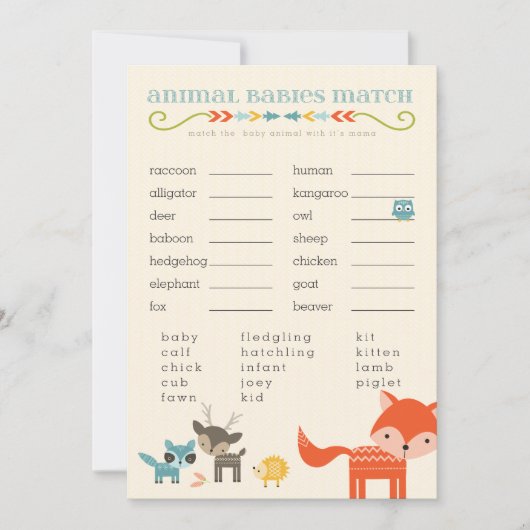 Woodland Animals Baby Shower Games - owl, fox (Front)
