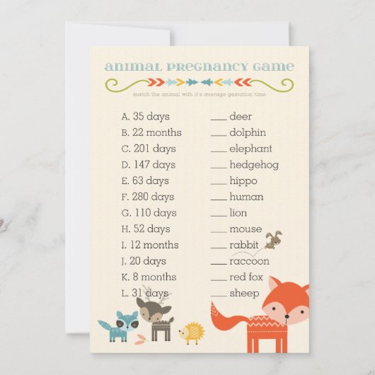 Woodland Animals Baby Shower Games - owl, fox (Back)
