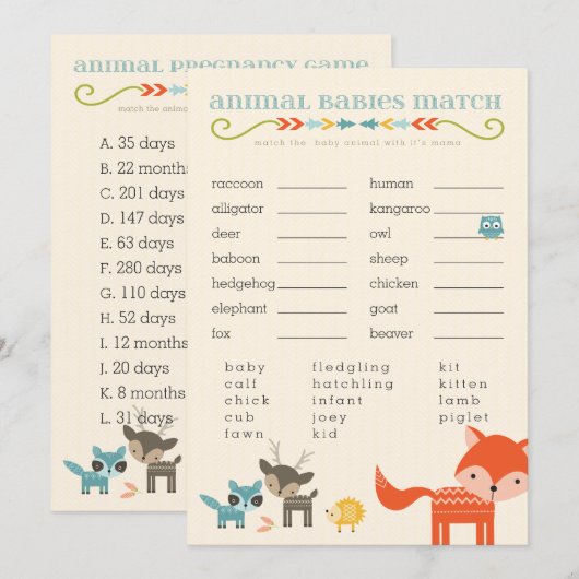 Woodland Animals Baby Shower Games - owl, fox (Front/Back)