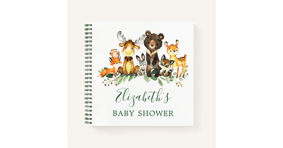 Woodland Animals Baby Shower Gift List Green Notebook | Zazzle Woodland Animals Baby Shower Gift List Green Notebook | Zazzle
