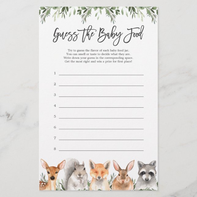 Woodland Animals Baby Shower Guess The Baby Food (Front)