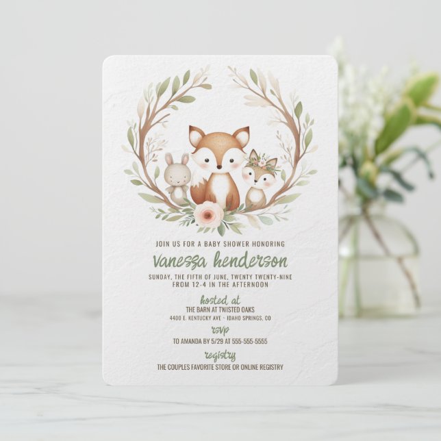 Woodland Animals Baby Shower Invitation (Standing Front)
