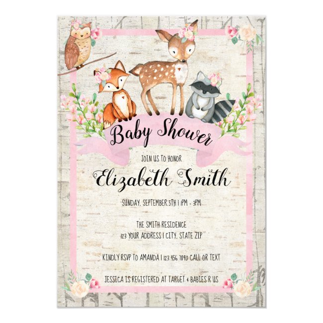 Woodland Animals Baby Shower Invitation Girl