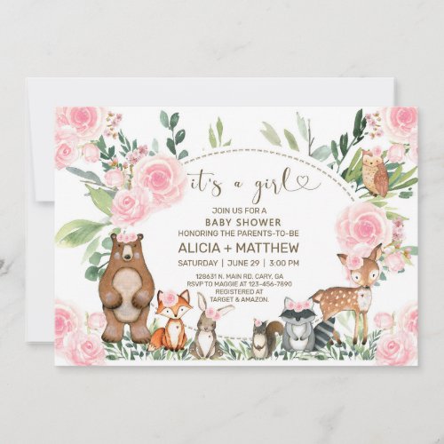 Woodland animals baby shower invite pink roses invitation