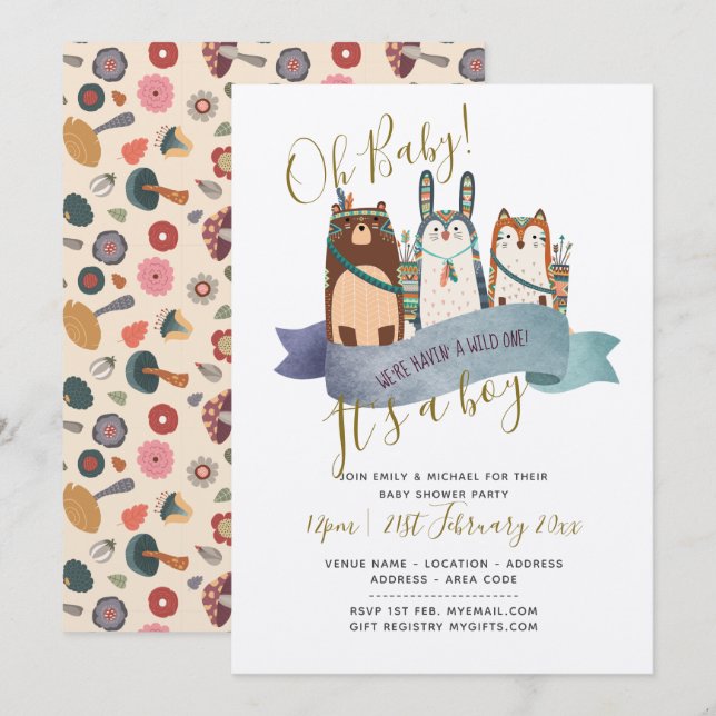 Woodland Animals Baby Shower Invites - Its a BOY (Front/Back)