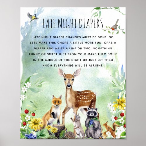 Woodland Animals Baby Shower Late Night Diaper Poster