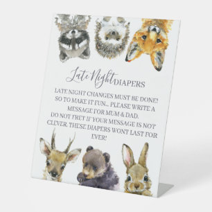 Woodland Animals Baby Shower Late Night Diapers  Pedestal Sign