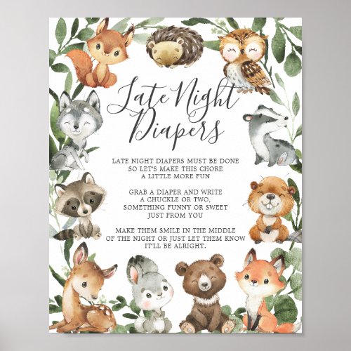 Woodland Animals Baby Shower Late Night Diapers Poster