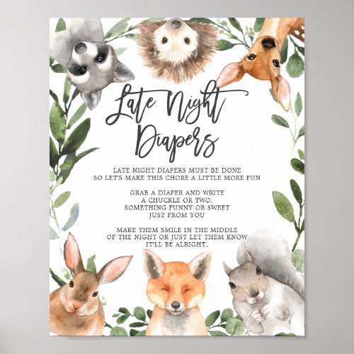Woodland Animals Baby Shower Late Night Diapers Poster