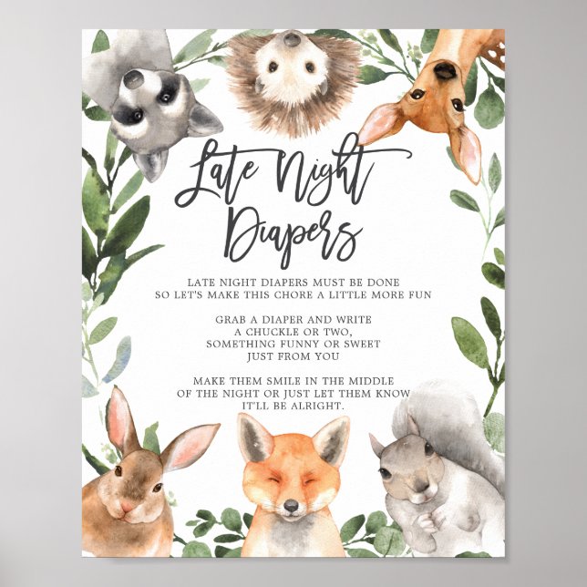 Woodland Animals Baby Shower Late Night Diapers Poster (Front)