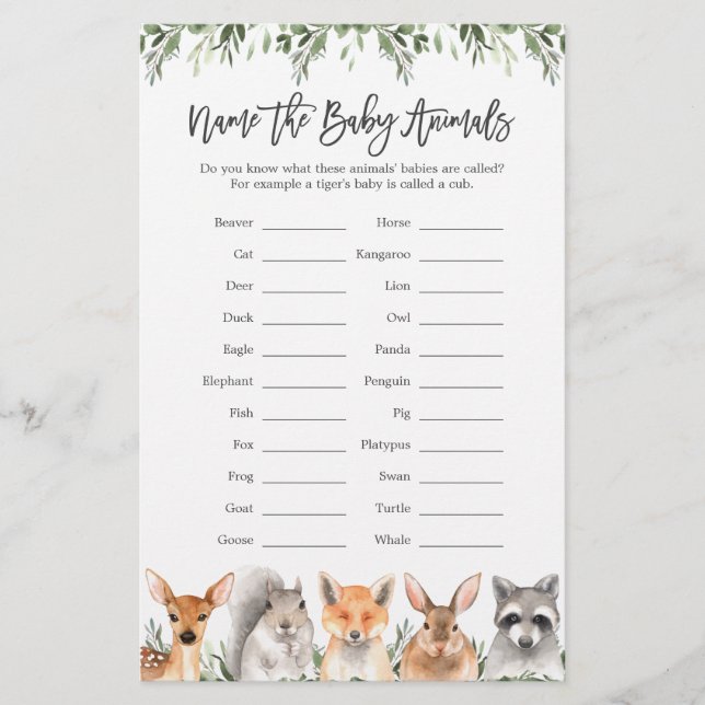 Woodland Animals Baby Shower Name The Baby Animals (Front)