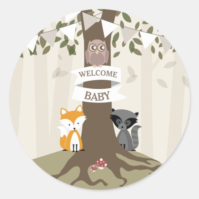 Woodland Animals Baby Shower Neutral Classic Round Sticker (Front)