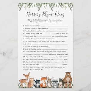 Woodland Animals Baby Shower Nursery Rhyme Quiz