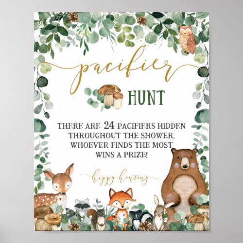 Woodland Animals Baby Shower Pacifier Hunt Game Poster