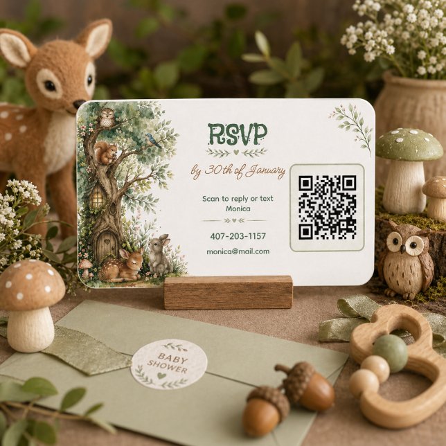 Woodland Animals Baby Shower QR Code RSVP Enclosure Card (Creator Uploaded)