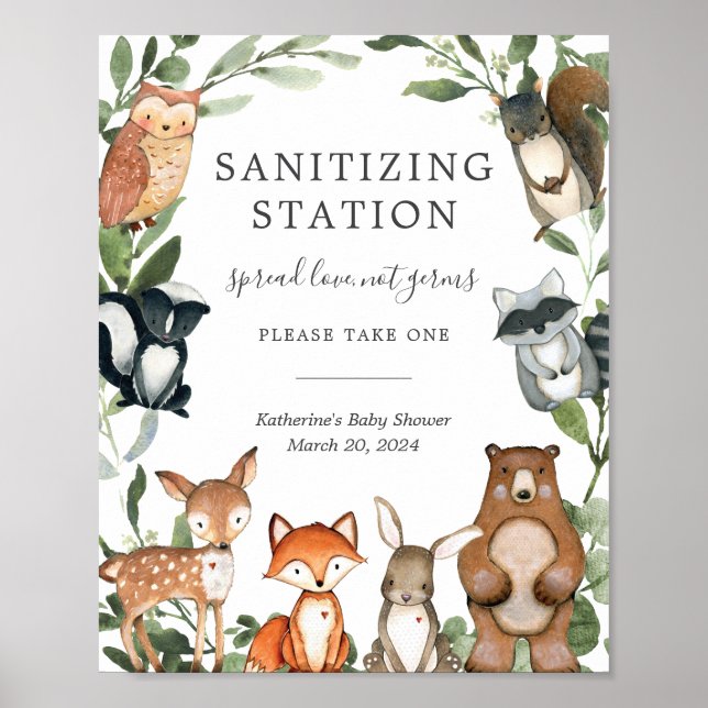 Woodland Animals Baby Shower Sanitizing Sign (Front)