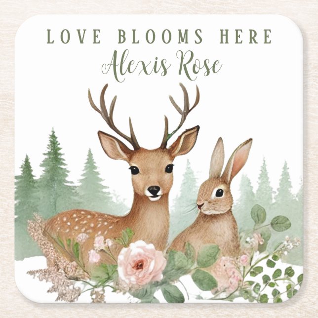 Woodland Animals Baby Shower Square Paper Coaster (Front)