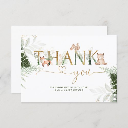 Woodland animals baby shower thank you card