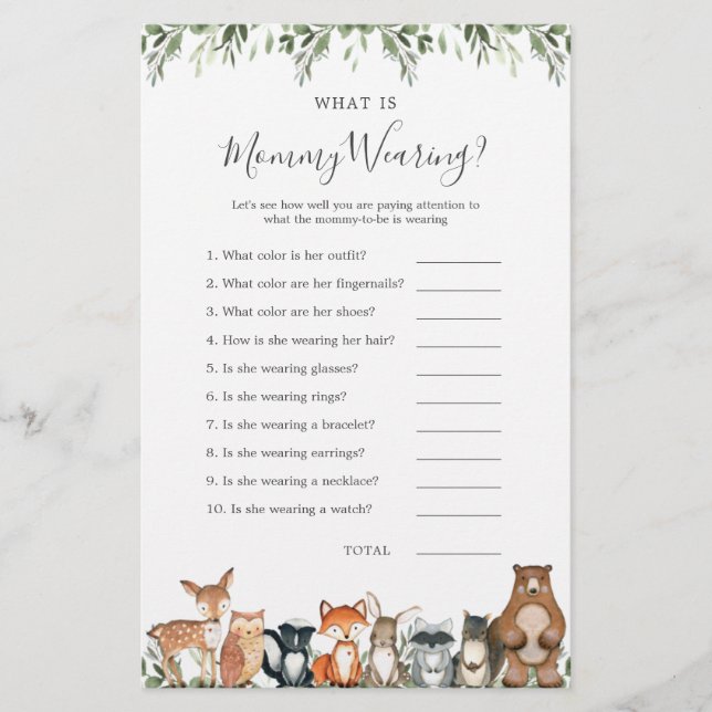 Woodland Animals Baby Shower What is Mommy Wearing (Front)