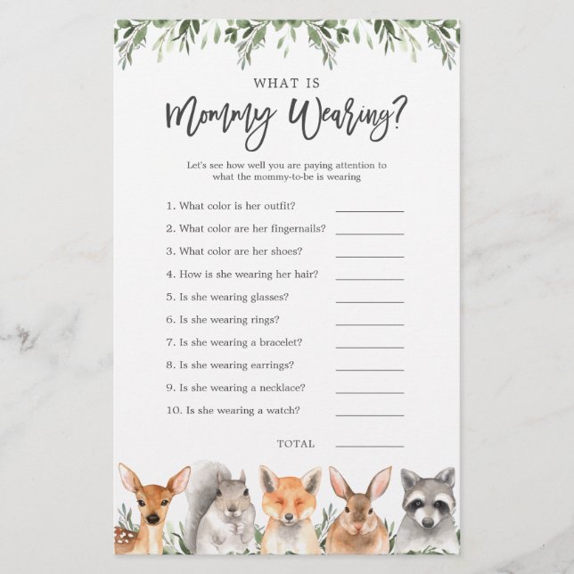 Woodland Animals Baby Shower What is Mommy Wearing (Front)