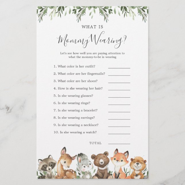 Woodland Animals Baby Shower What is Mommy Wearing (Front)