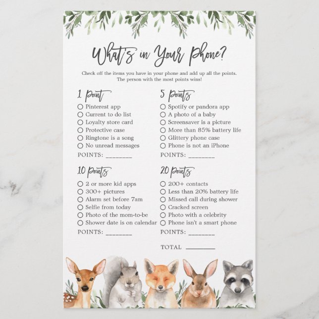 Woodland Animals Baby Shower What's in Your Phone (Front)