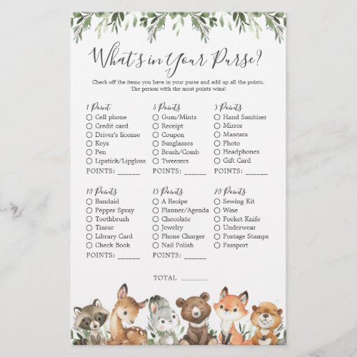 Woodland Animals Baby Shower Whats in Your Purse