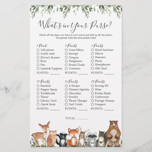 Woodland Animals Baby Shower Whats in Your Purse