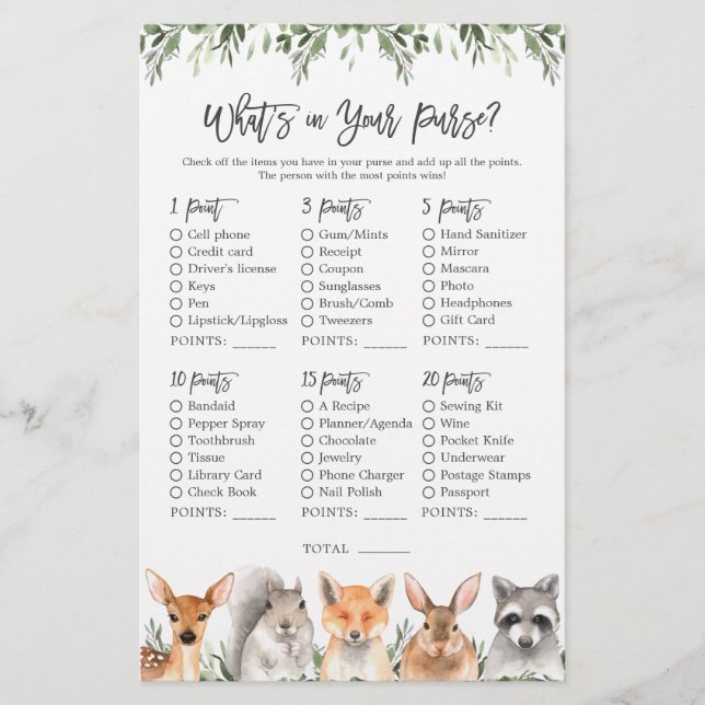 Woodland Animals Baby Shower What's in Your Purse (Front)