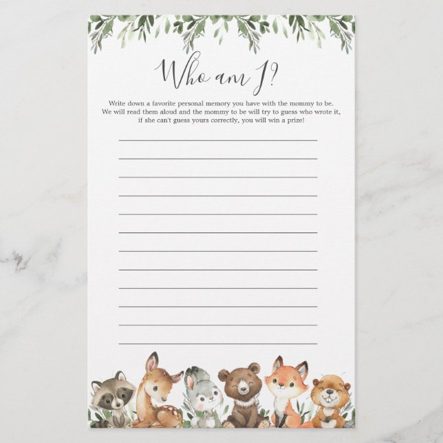 Woodland Animals Baby Shower Who Am I Game (Front)