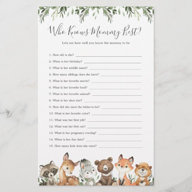 Woodland Animals Baby Shower Who Knows Mommy Best (Front)