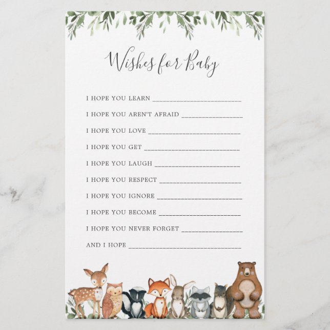Woodland Animals Baby Shower Wishes For Baby (Front)